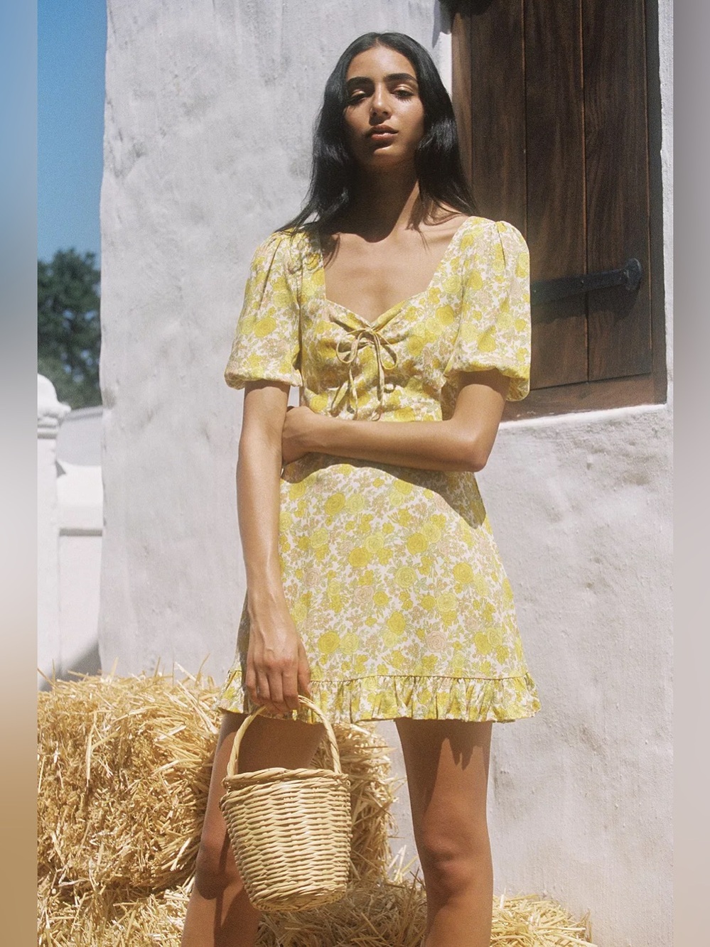 Revolve Faithfull the Brand Agatha in Grey Floral Yellow Puff-Sleeve Mini Dress